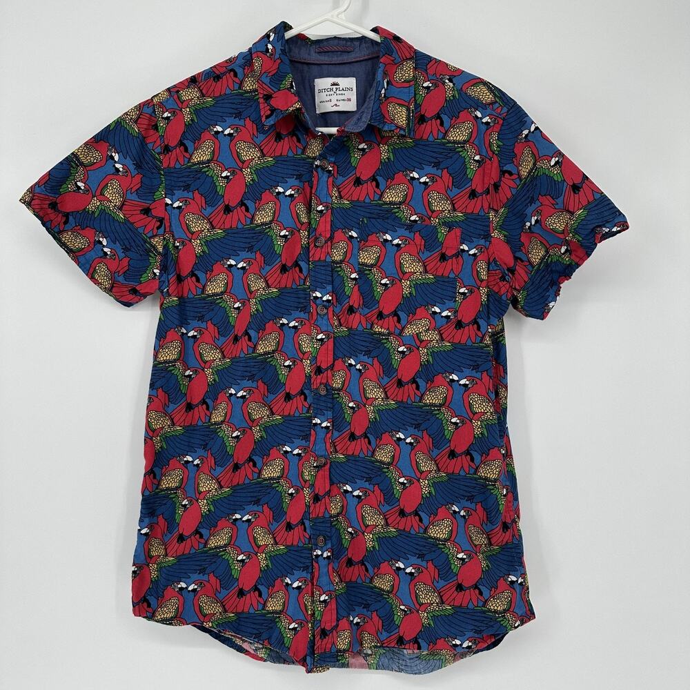 Ditch Plains Shirt Mens Small Blue Parrot Print Hawaiian Button Up Tropical
